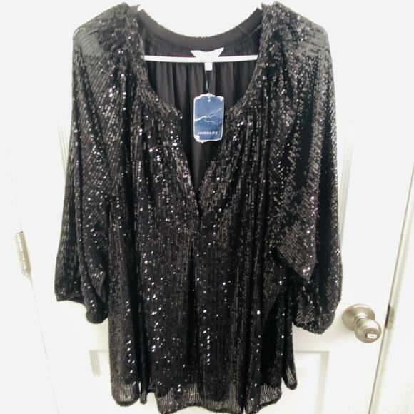 Crown & Ivy Sequin Top Women's 4X Black Peasant Tunic Goth Whimsigoth Party NWT - Picture 1 of 8